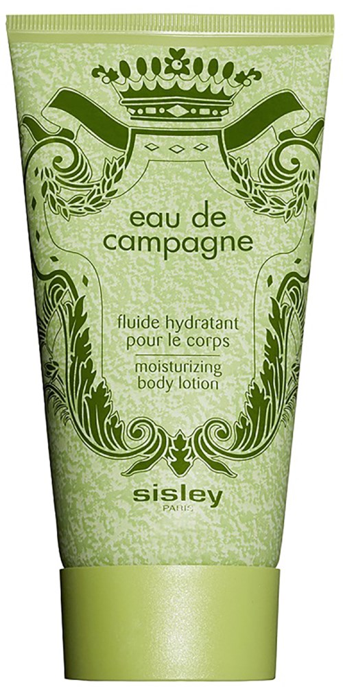 Grön flaska med fuktgivande kroppslotion, med en krona och dekorativa mönster, märkt 'eau de campagne' och 'Sisley' märket.