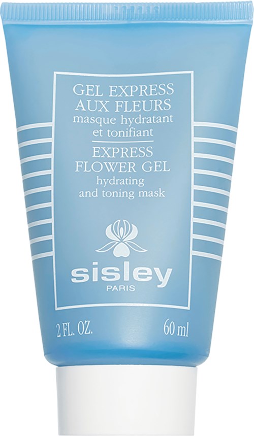 Een blauwe tube van Sisley Paris Express Flower Gel, een hydraterende en toniserende gezichtsmasker, met witte tekst en ontwerp.