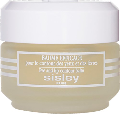 En liten krukke med øye- og leppebalm, merket Sisley Paris, med hvit lokk og beige beholder.