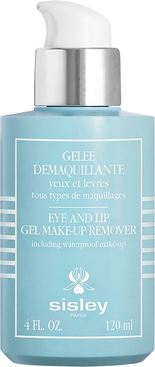 Blaue Flasche mit weißer Pumpe, gekennzeichnet als Augen- und Lippen-Make-up-Entferner von Sisley Paris.
