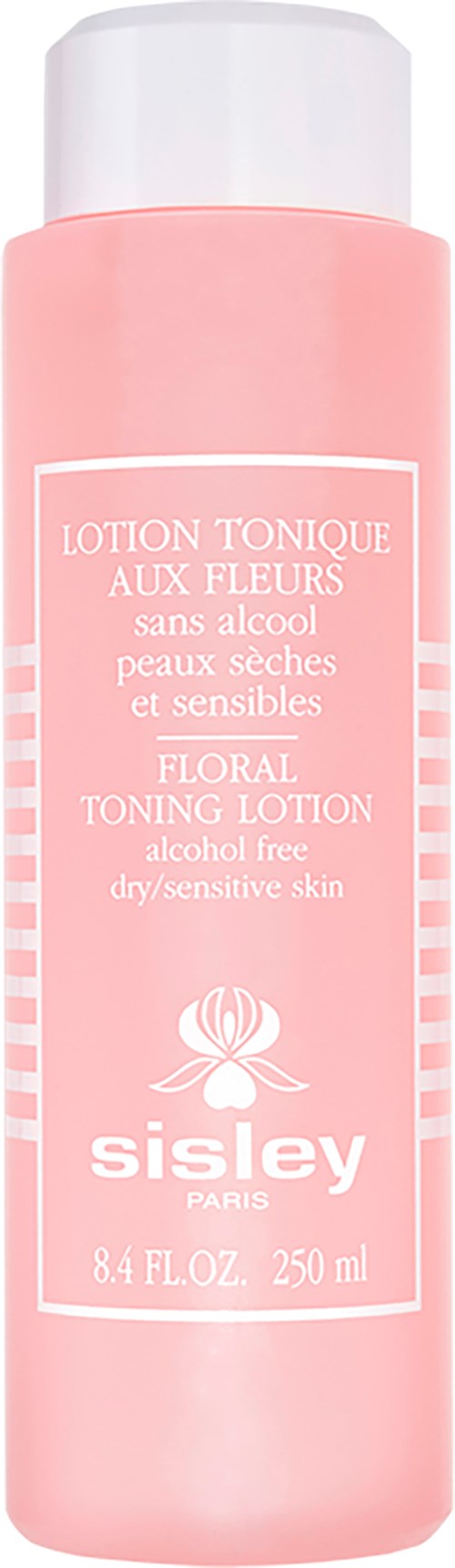 Pink bottle with white cap, labeled as floral tonic lotion for dry, sensitive skin, alcohol-free, by Sisley Paris.