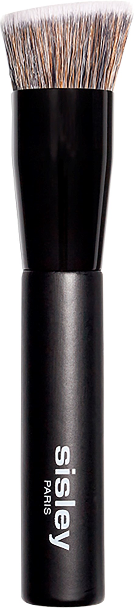 Een make-up kwast met zwarte handgreep, gemerkt 'SISLEY PARIS,' en pluizige haren boven.