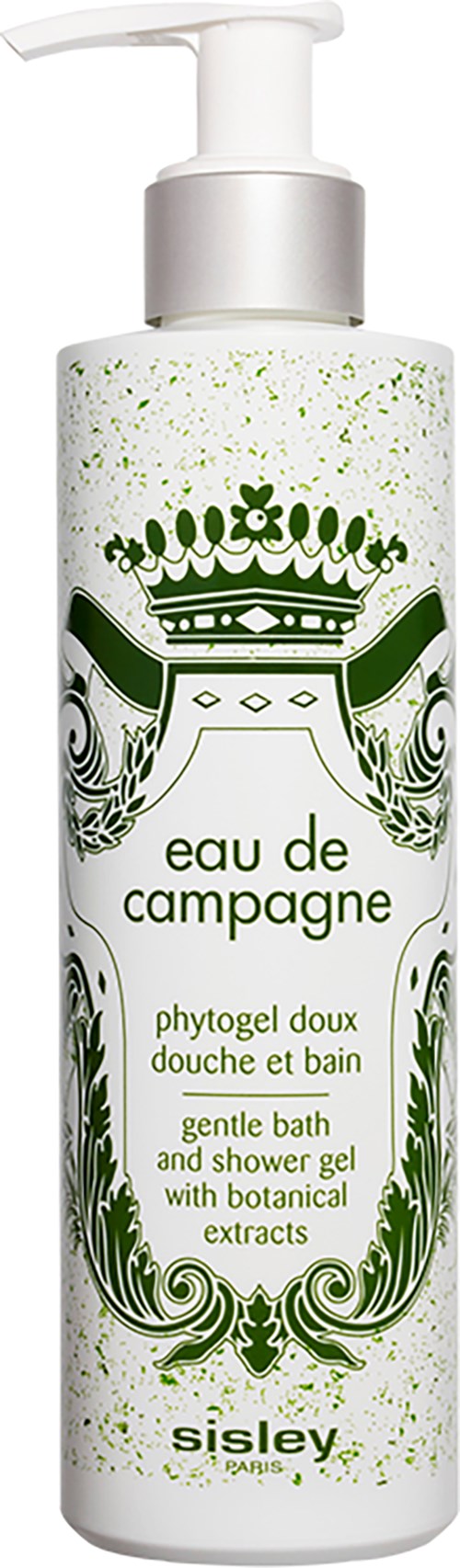 A white bottle with green decorative patterns and a pump, labeled as a gentle bath and shower gel with botanical extracts.