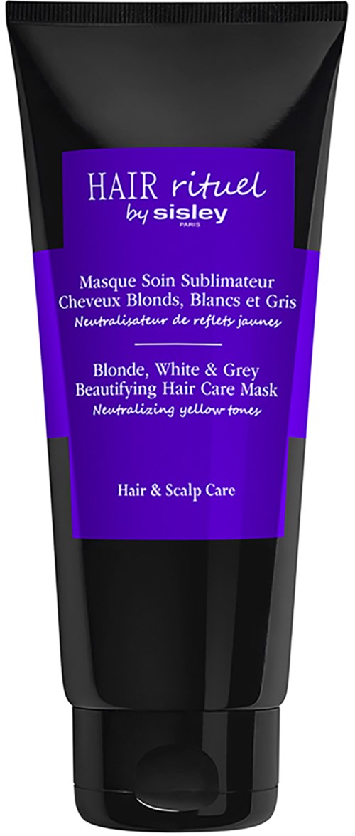 Black tube with purple label, says hair mask for blondes, whites, and grays, by Sisley, for hair and scalp care.