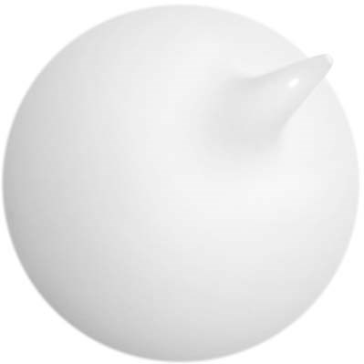 Een ronde witte voorwerp met een klein puntje, lijkt op een keramisch of porseleinen voorwerp.