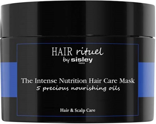A black jar with blue detail, labeled with hair care product info, including nourishing oils, for hair and scalp.