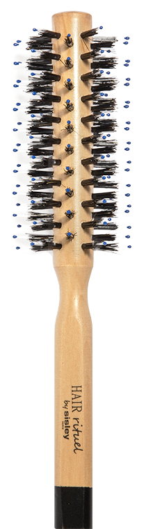 Een houten borstel met zwarte borstelharen, in een U-vorm gerangschikt, merknaam 'HAIR perfect' op het handvat.