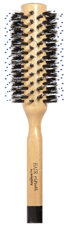 Eine Holzhaarbürste mit schwarzen Borsten und blauen Spitzen, Beschriftung "HAIR felt".