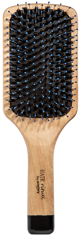 Een houten haarborstel met zwarte haren en blauwe punten, tekst zegt "HAIR straight" en "byRezo".