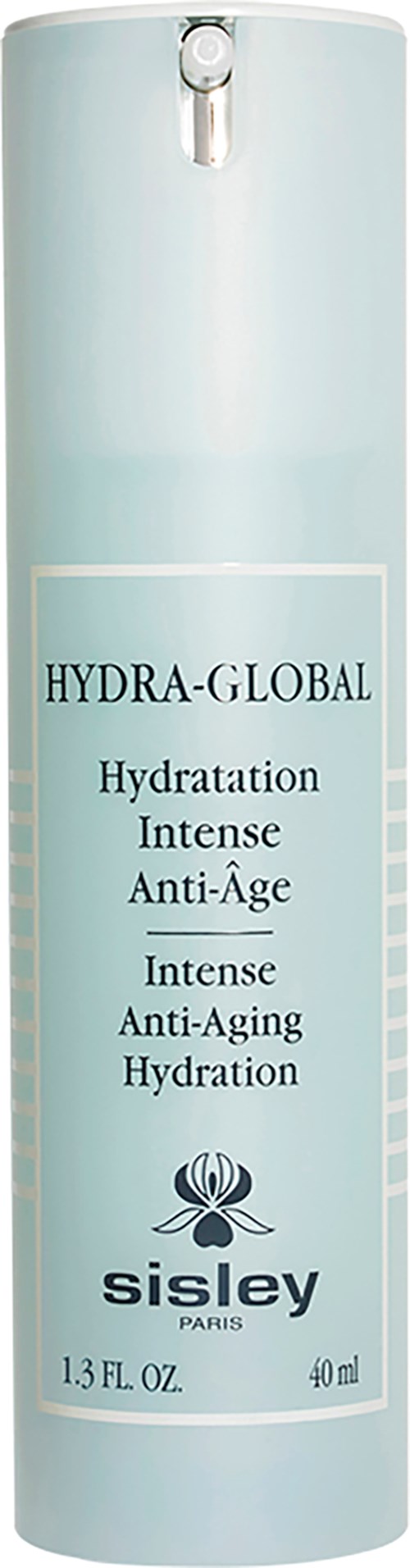 Pitkä vaaleansininen pumppupullo, nimeltään Hydra-Global intensiiviseen ikääntymistä ehkäisevään kosteutukseen Sisley Parisiltä.