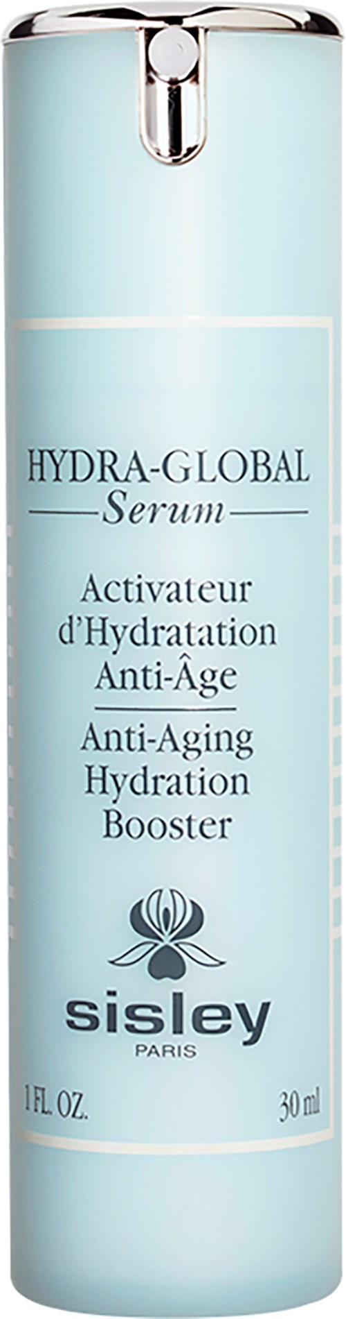 Een lange lichtblauwe fles met pomp, gelabeld als Hydra-Global Serum door Sisley, Parijs, voor anti-aging hydratatie.