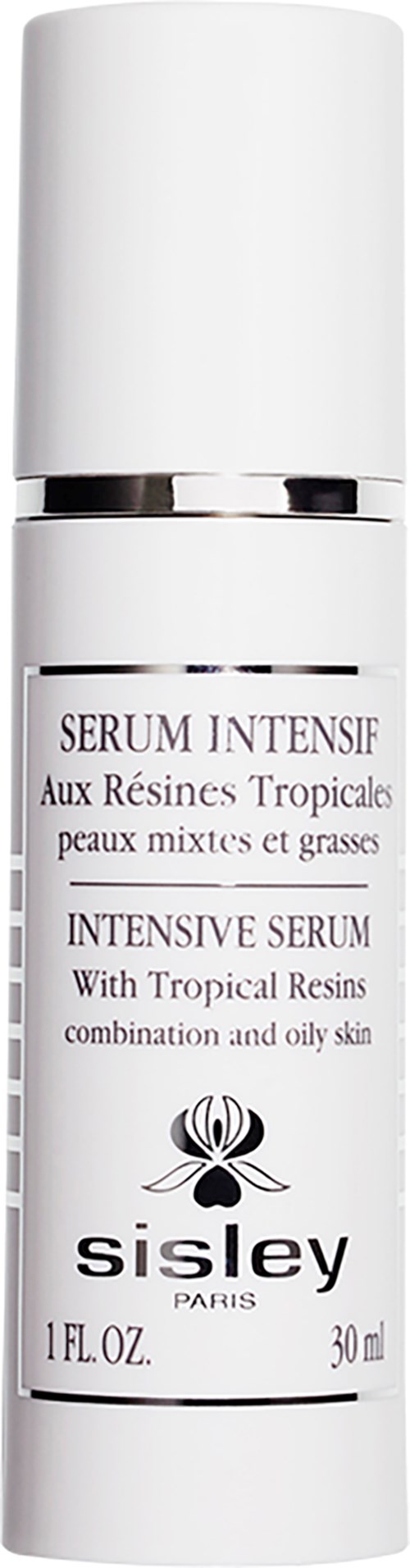 A white bottle with black and silver accents, labeled as intensive serum with tropical resin for mixed and oily skin.