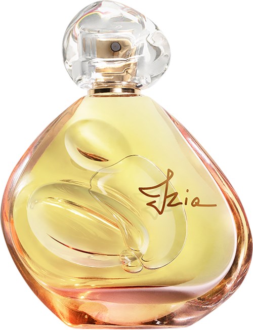 A perfume bottle with yellow liquid, clear glass, and a decorative cap. Sharp shape and signature on the front.