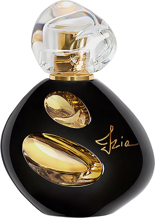 Een stijlvolle parfumfles met zwarte en gouden accenten, met een duidelijke decoratieve dop.