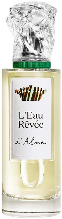 Een parfumfles met doorzichtig glas, witte vloeistof en een gebarsten doorzichtige dop. Label zegt 'L'Eau Rêvée d'Alma' en heeft een kroon.