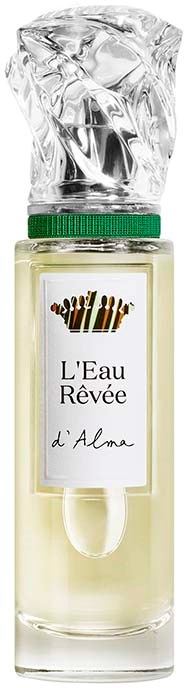 Een parfumfles met het label 'L'Eau Rêvée d'Alma' met een kroon symbool en een doorzichtige glazen fles.
