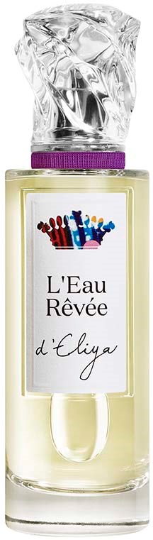 Een parfumfles met een heldere, gedraaide dop en een label met 'L'Eau Rêvée d'Eliya'.