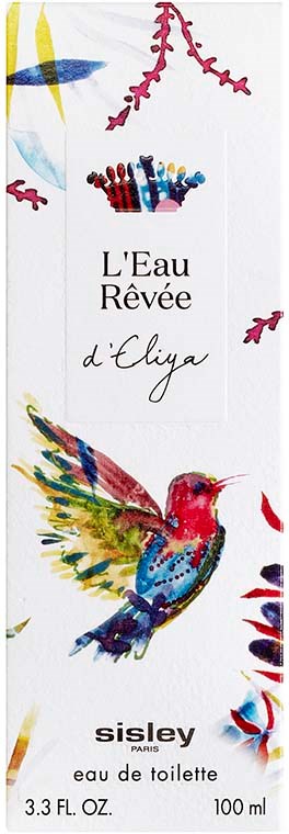Een kleurrijke illustratie van een kolibri met bloemen en bladeren, met de tekst 'L'Eau Rêvée d'Liya' en 'Sisley Paris'.