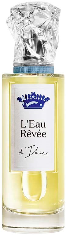 Een parfumfles met een duidelijke, gekreukelde glazen dop en een gele vloeistof. Het label zegt 'L'Eau Rêvée d'Itar' met een kroon.