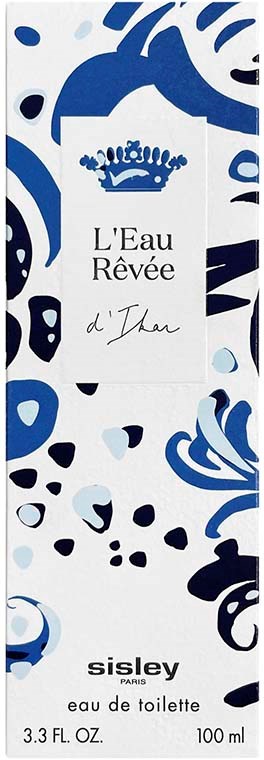 Een verticale, witte parfumdoos met blauwe decoratieve patronen, een kroonlogo en tekst over 'L'Eau Rêvée d'Ihan' door Sisley.