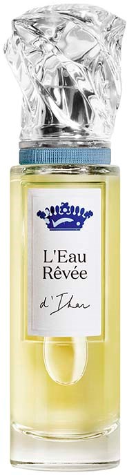 A perfume bottle with a transparent glass container, a blue crown logo, and a label saying "L'Eau Rêvée".