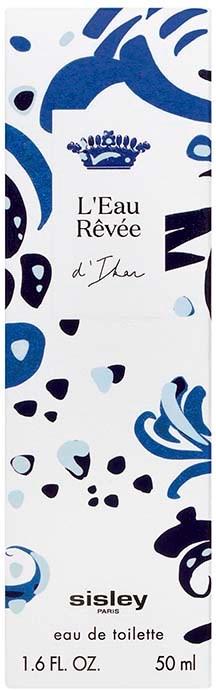 A perfume box with blue and white patterns, text with the name L'Eau Rêvée and Sisley, 50 ml.
