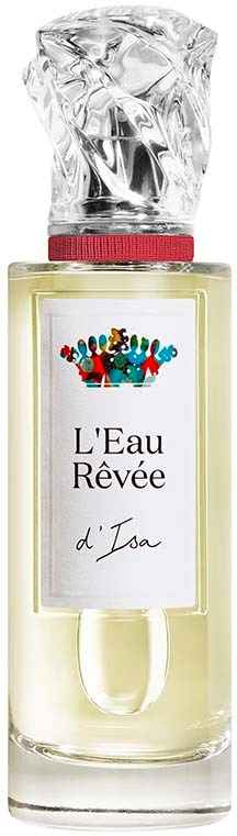 Een parfumfles met een rode dop, heldere vloeistof en een label met 'L'Eau Rêvée d'Isa', bedekt met gekreukeld doorzichtig plastic.