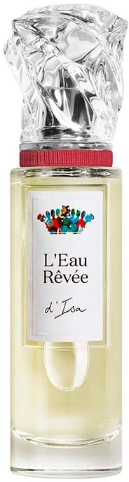 Een parfumfles met een piramidevorm en een heldere, decoratieve dop. Het label leest 'L'Eau Rêvée d'Isa' met kleurrijke graphics.