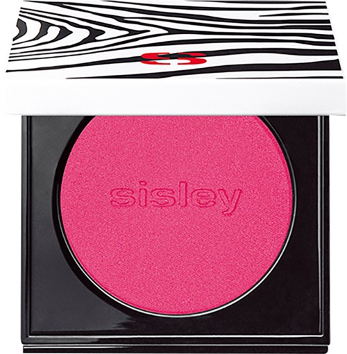 Bildet viser en rosa Duo Blush Compact fra Sisley, med et svarthvitt zebra mønster på lokket.
