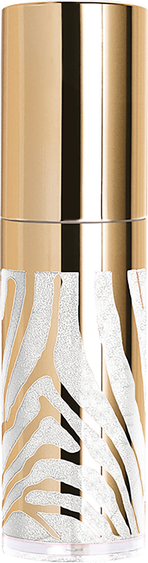A tall, elegant golden bottle with a silver and white zebra stripe pattern. It looks luxurious and stylish.
