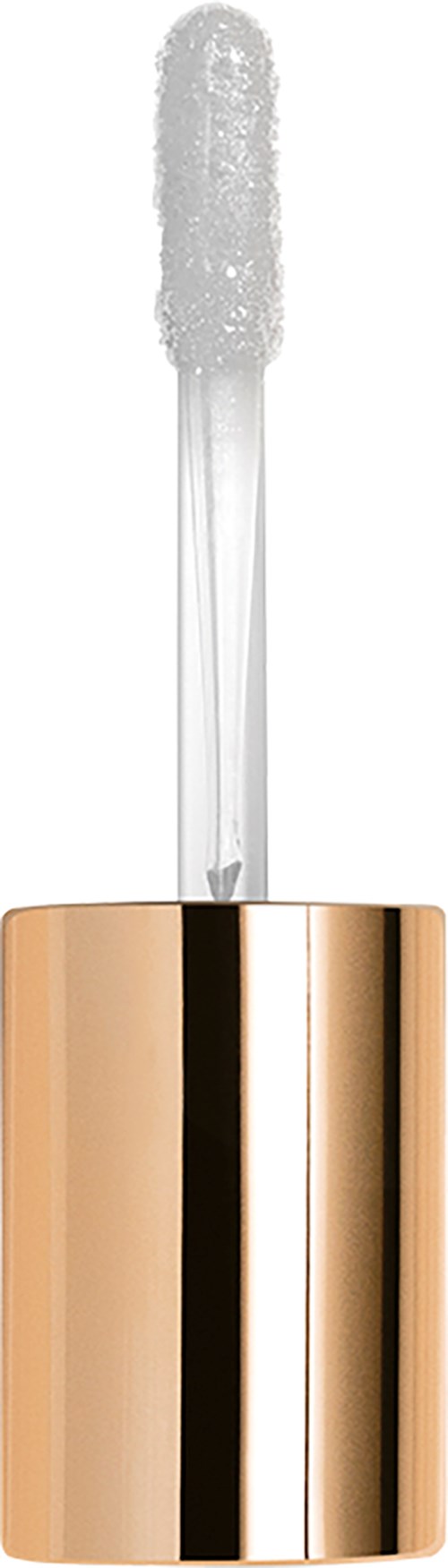 A liquid lipstick with a gold cap and clear tube, showing the applicator inside with gloss or lipstick.