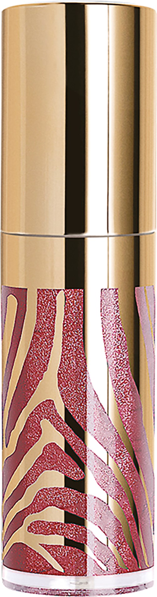 A lipstick case with a pink and gold abstract zebra pattern and a shiny gold cap.