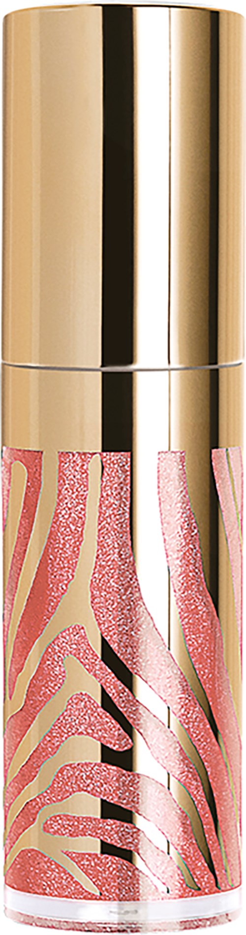 A shiny gold and pink bottle with zebra stripe pattern and a gold cap.