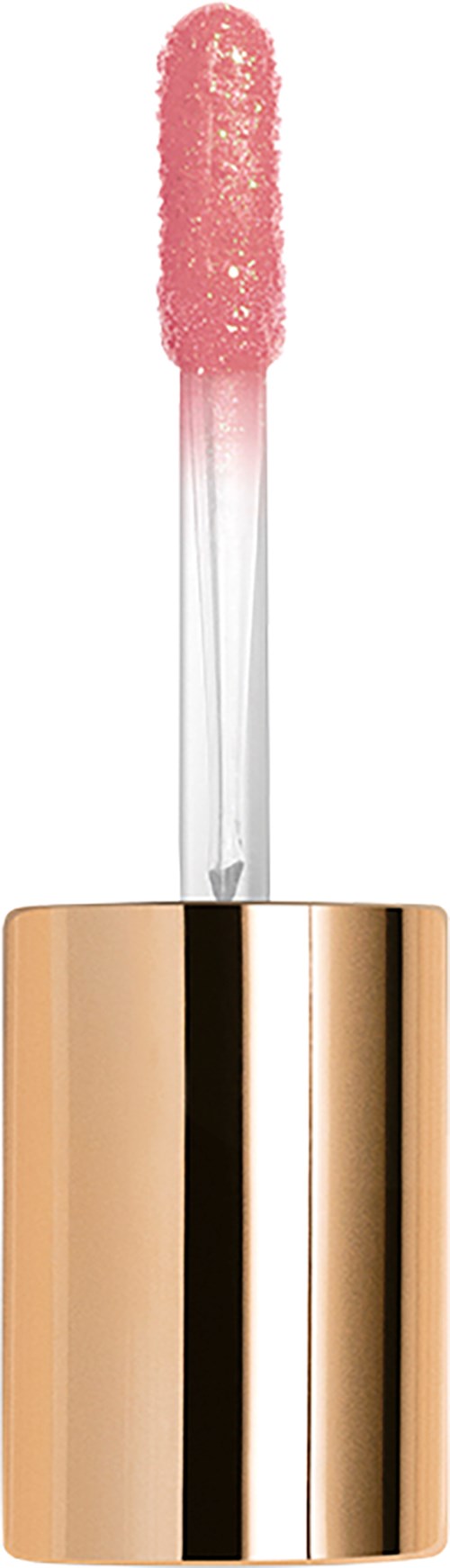 Lip gloss with a pink applicator and shiny gold tube.