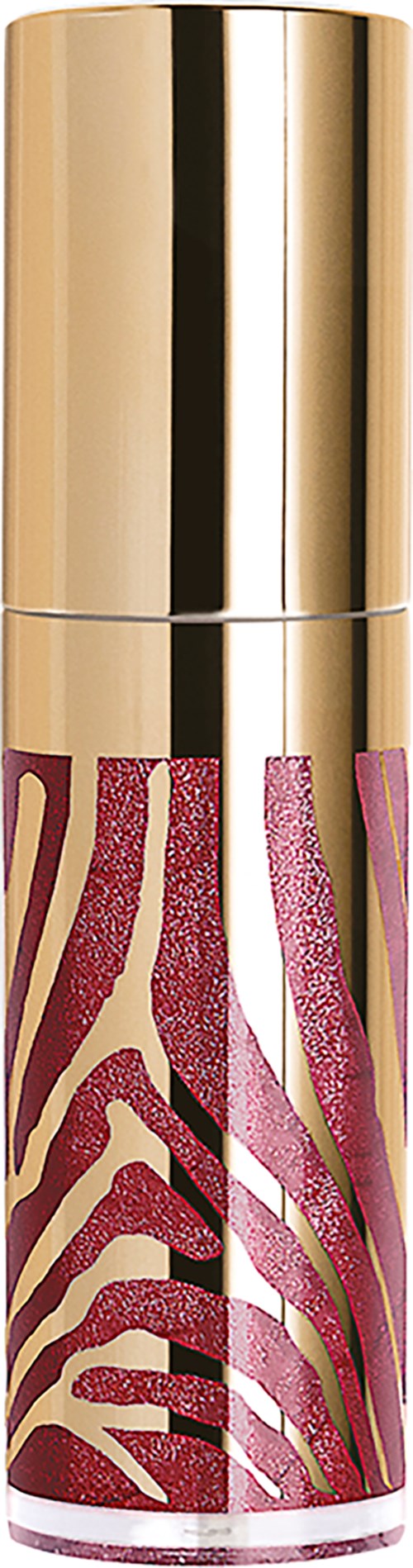 A lipstick tube with a gold cap and a pink zebra stripe design on the body.
