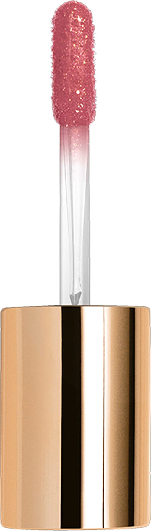 A lip gloss applicator with pink gloss and a gold cap.