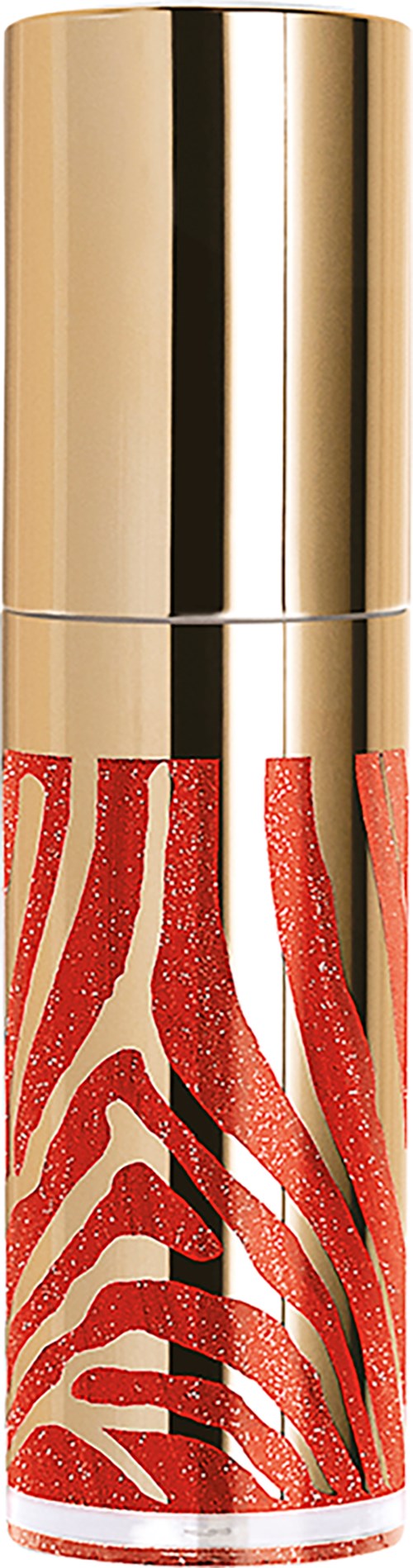 A tall lipstick tube with a gold cap and a red and gold zebra pattern on the body.