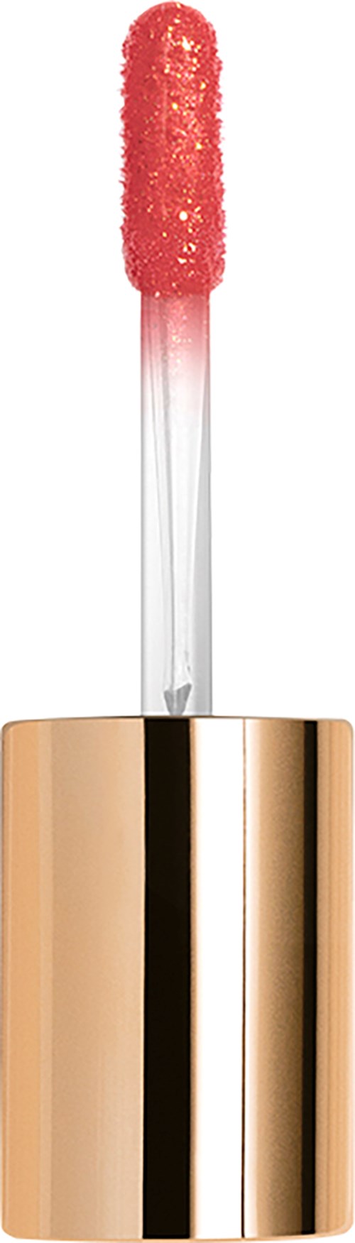 A lipstick with a red, textured applicator and a shiny gold tube.