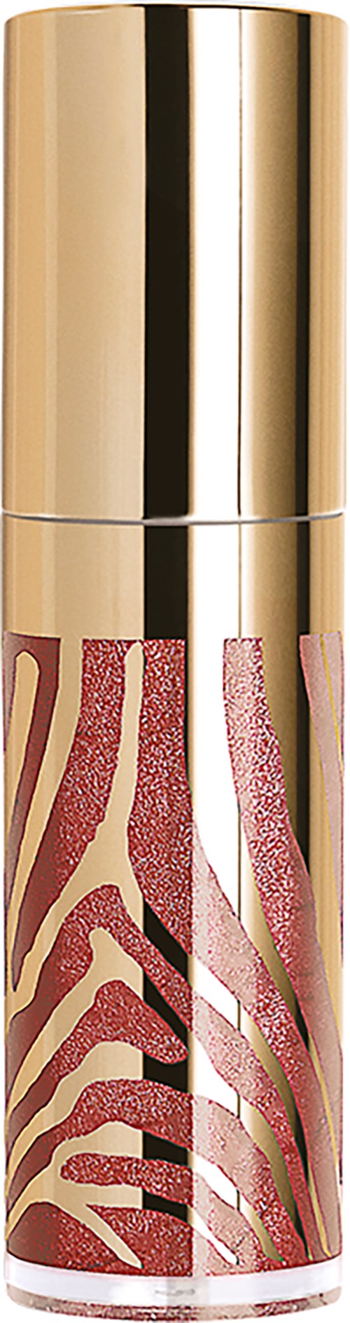 Eine hohe, goldene Flasche mit einem roten, pinken und beigen Tiermuster.