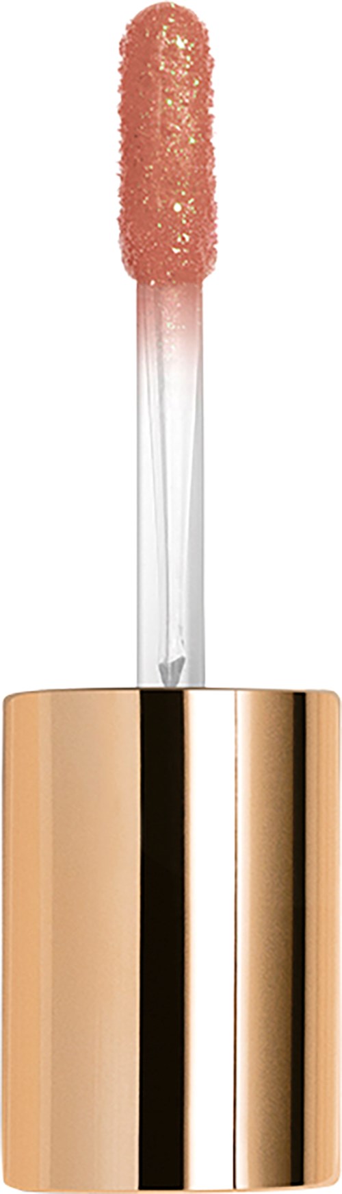 Ein Lippenstiftpinsel mit pinkem Glanz und einem glänzenden goldenen Behälter.