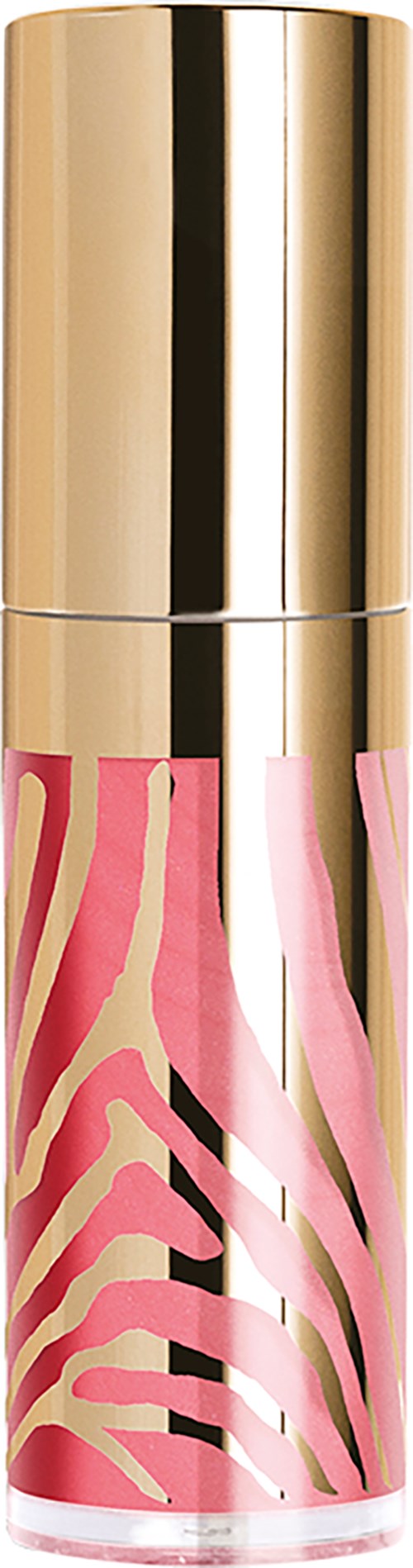 Ein Lippenstift mit goldener Kappe und pinkem Körper mit goldenem Tiermuster.
