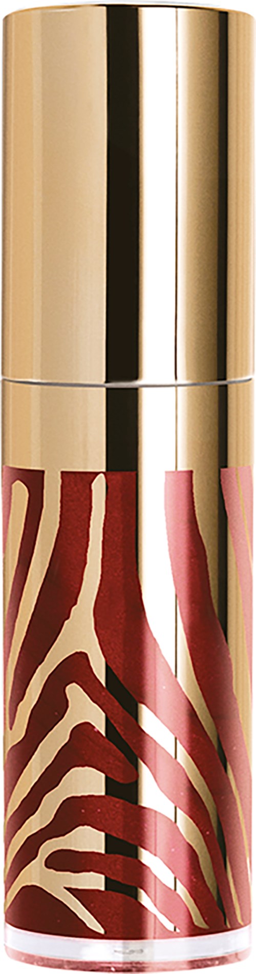 A makeup or lipstick tube with a gold cap and a pattern of red and beige stripes.