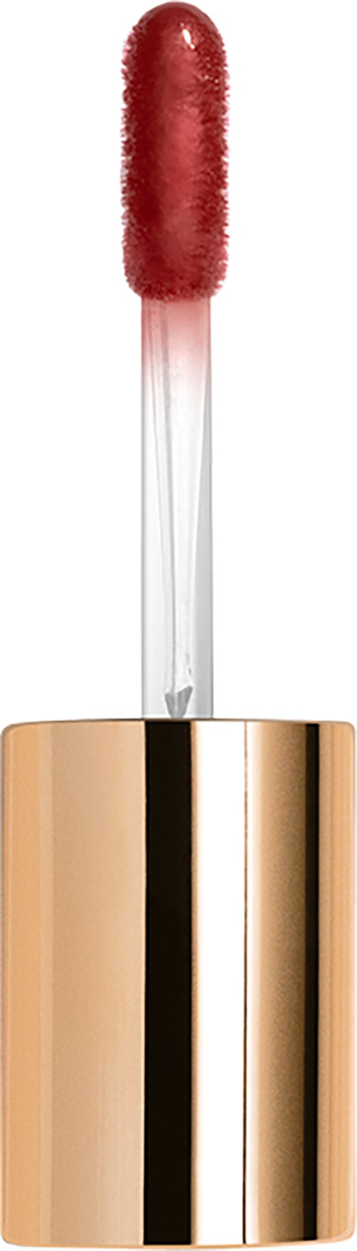 A lipstick with a gold case and a red gloss applicator.