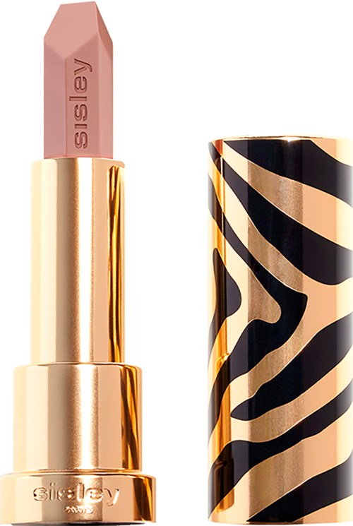 Gold lipstick tube with a pink lipstick and a black and beige zebra pattern cap.