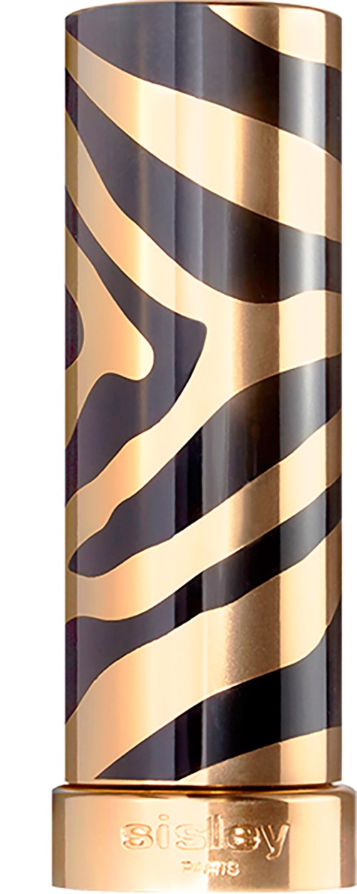 A tall cylindrical object with black and gold striped zebra pattern and gold base.