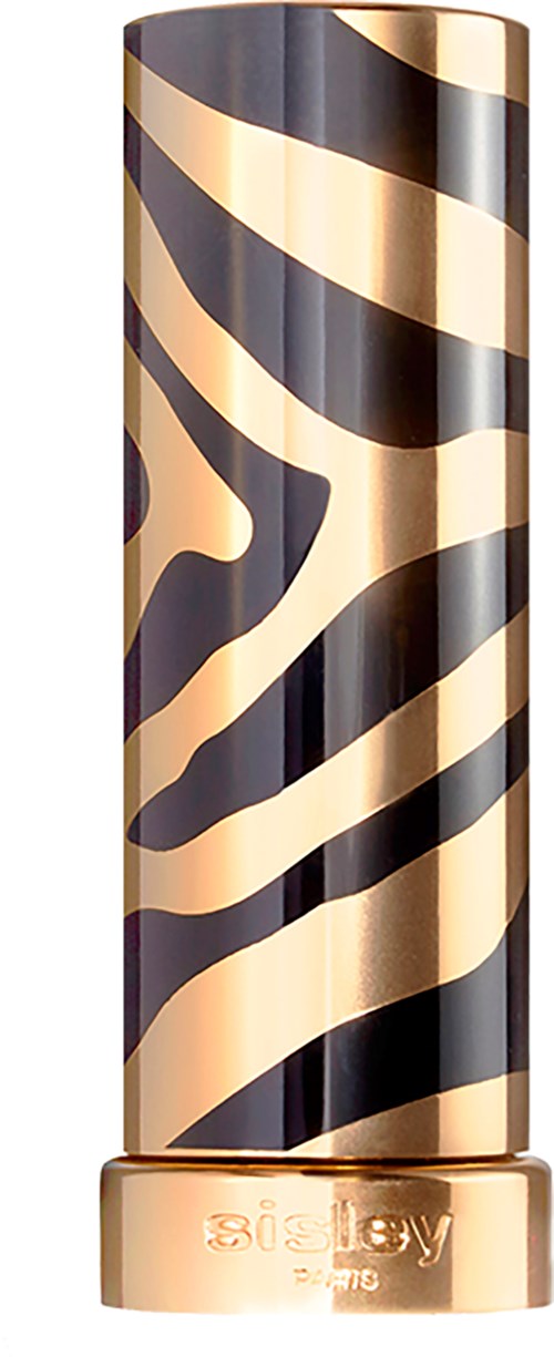 A tall, cylindrical makeup container with a black and gold zebra stripe pattern.