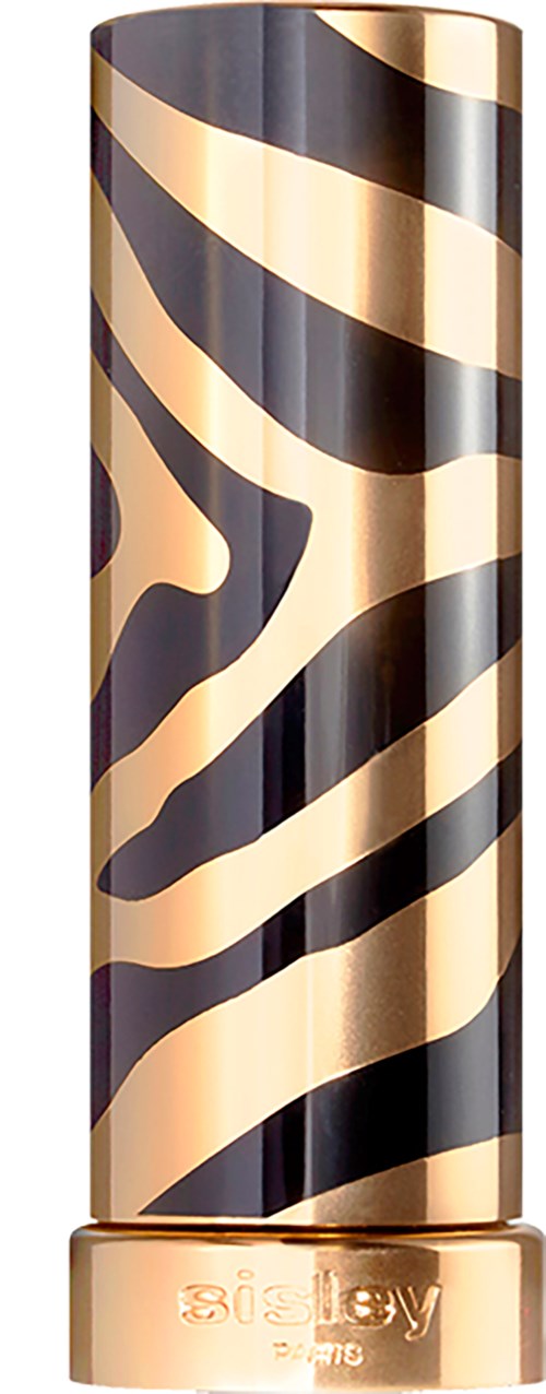 En hög cylindrisk flaska med svart och guld zebra mönster. Nederst finns texten "Beauty".
