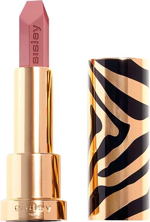 A pink lipstick in a gold and black zebra-striped case, with the lipstick extended showing its color.