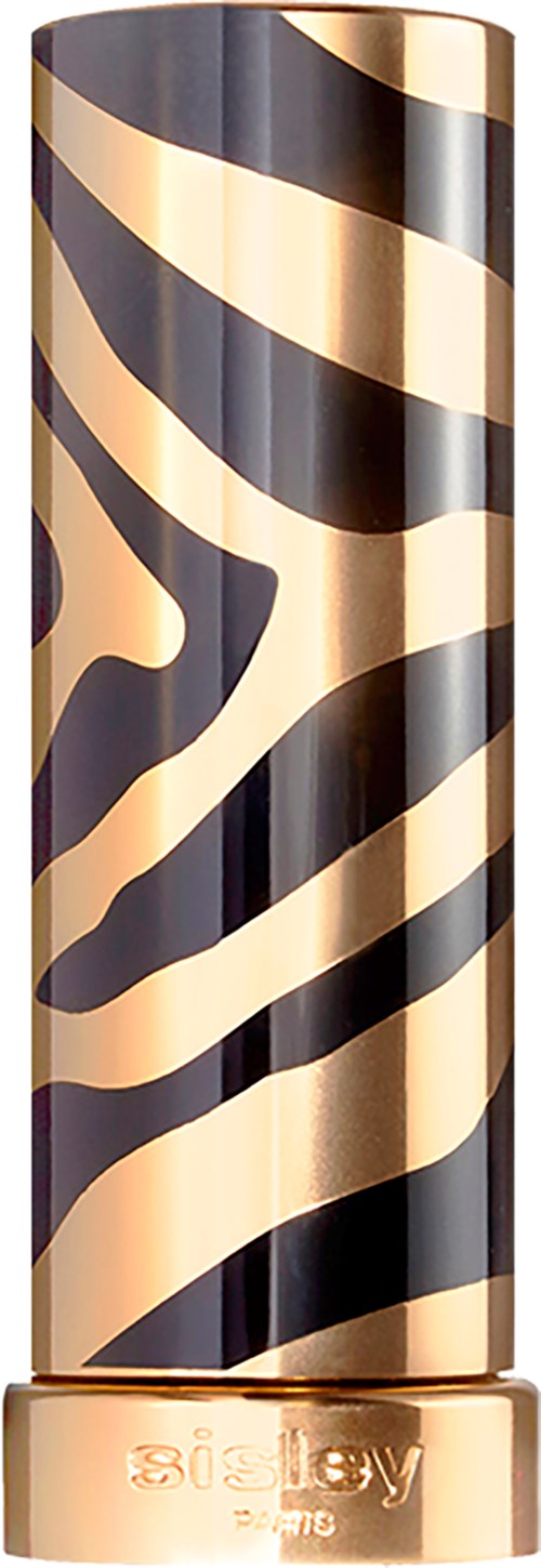 A cylindrical object with a gold and black zebra stripe pattern on a black background.