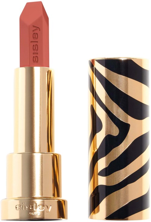 A lipstick with a beige, black zebra pattern cap and a pink lipstick stick engraved with "easiley".